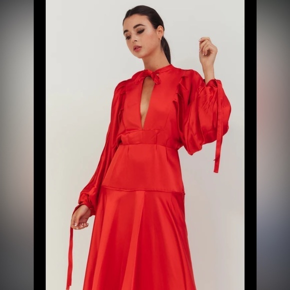 Self-Portrait Asymmetric Cutout Satin Peplum Midi Dress - Picture 3 of 14